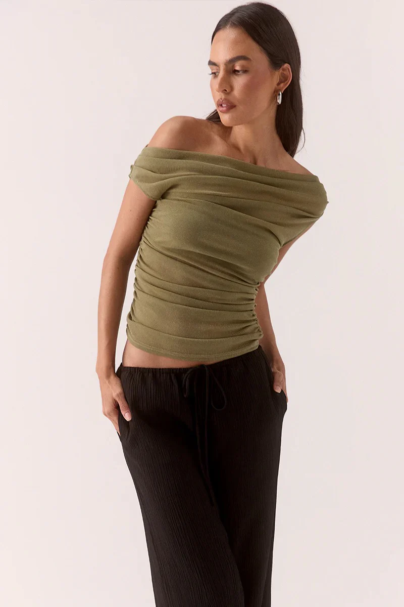 Zeya Soft Khaki Sparkle Mesh Off Shoulder Top - Image 2