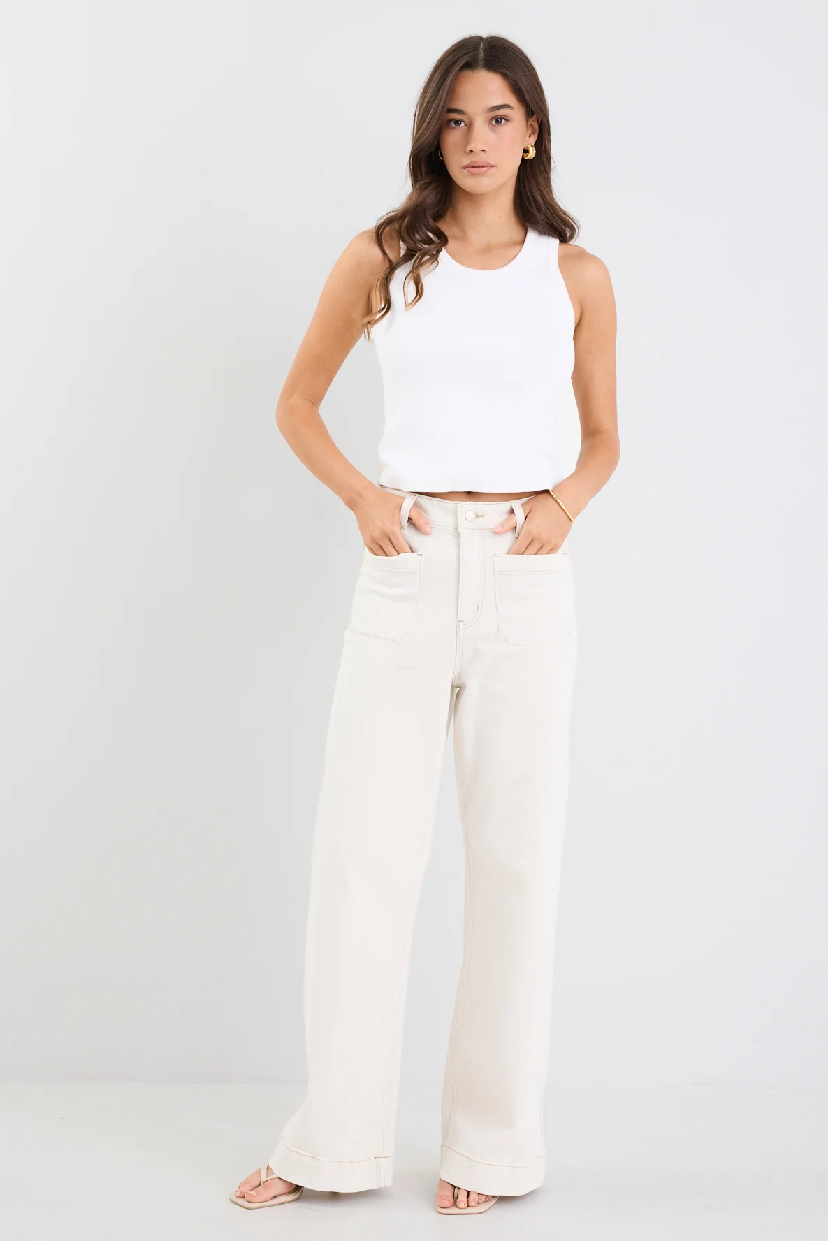 Zoey Ecru High Rise Wide Leg Pocket Jean - Image 3