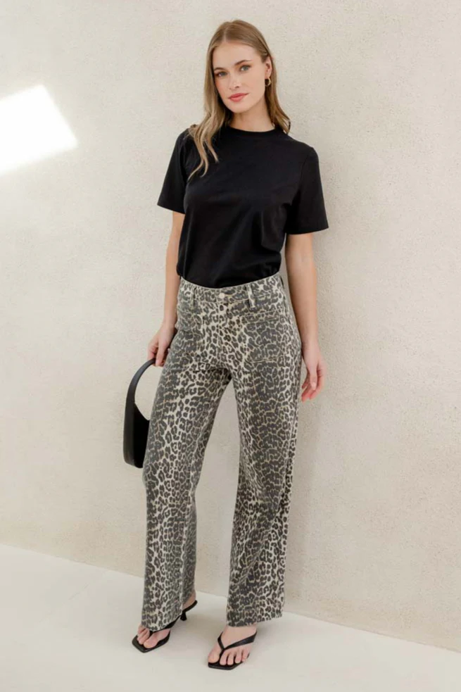 Zoey Leopard High Rise Wide Leg Pocket Jean